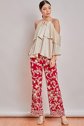 Red Mirror Embroidered Pants by Patine