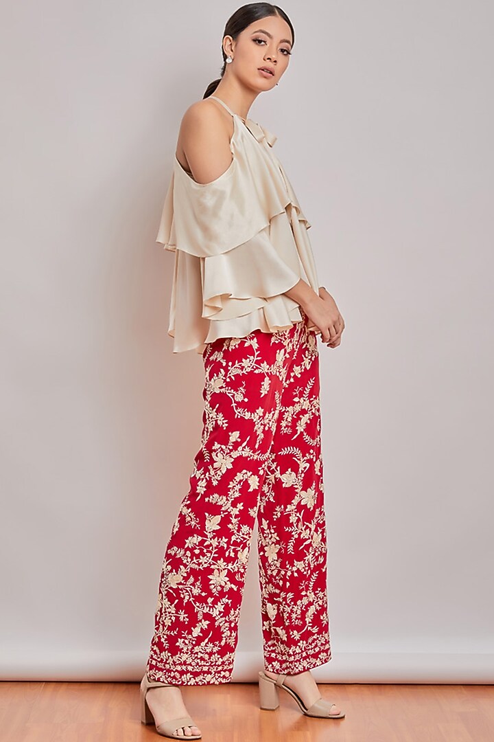 Red Mirror Embroidered Pants by Patine at Pernia's Pop Up Shop
