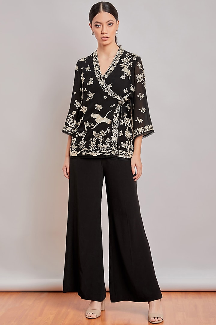 Black Embroidered Wrap Top by Patine