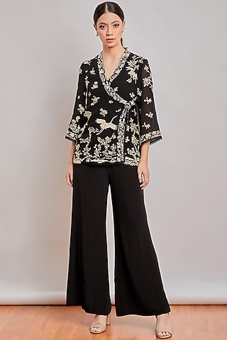 Black Embroidered Wrap Top by Patine