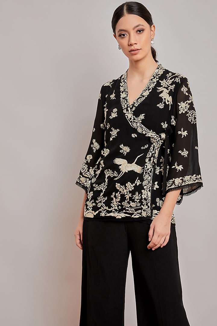 Black Embroidered Wrap Top by Patine at Pernia's Pop Up Shop