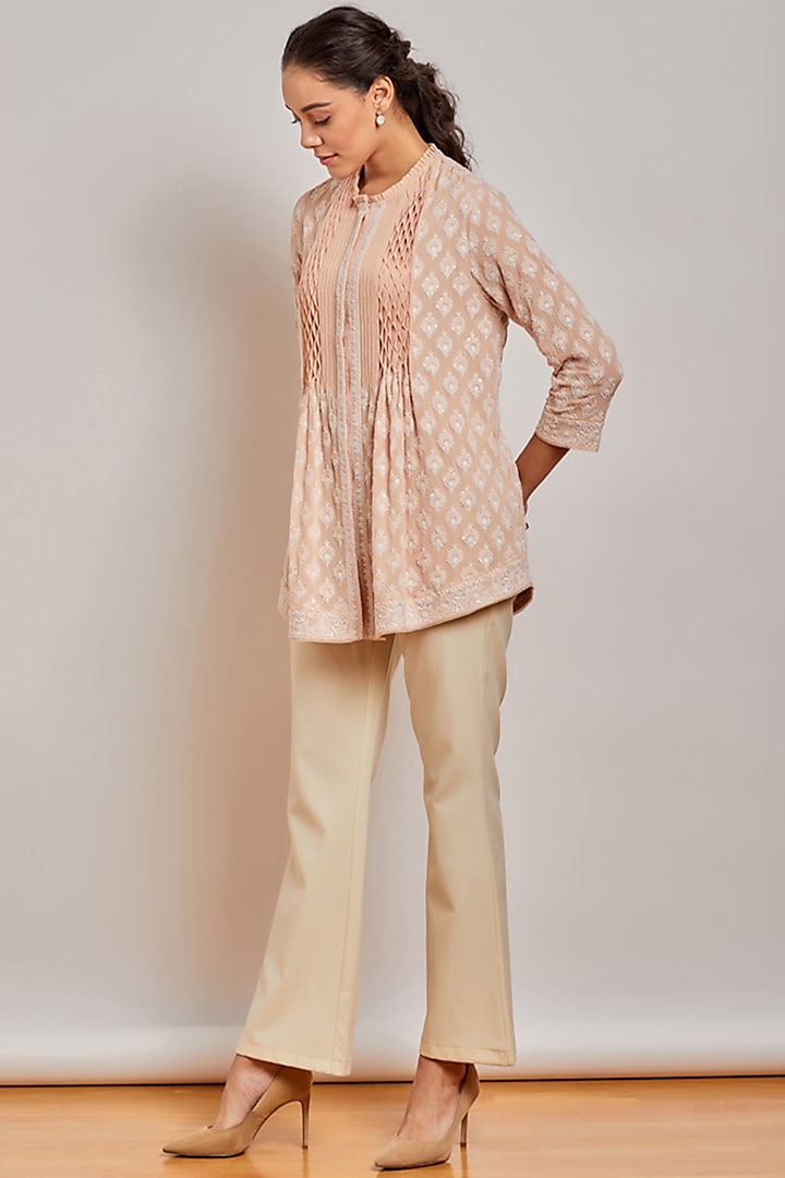 Peach Chikankari Smocked Top by Patine