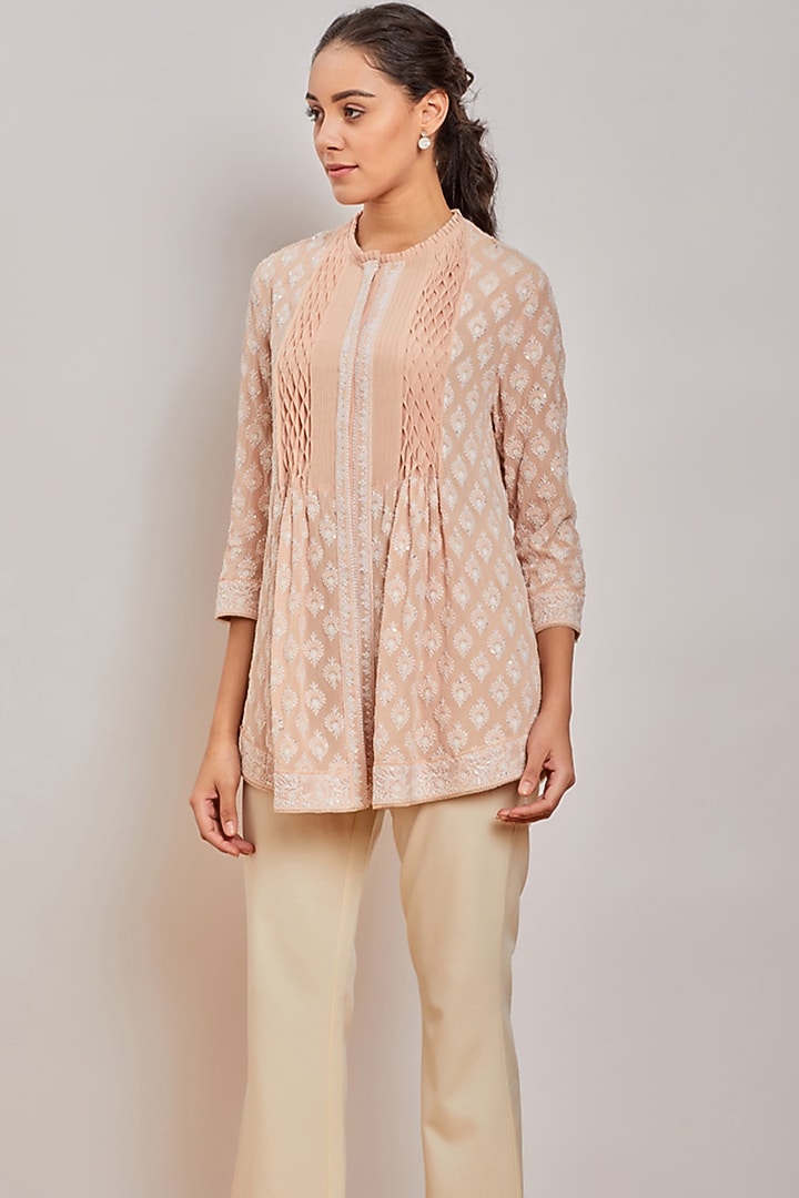 Peach Chikankari Smocked Top by Patine at Pernia's Pop Up Shop