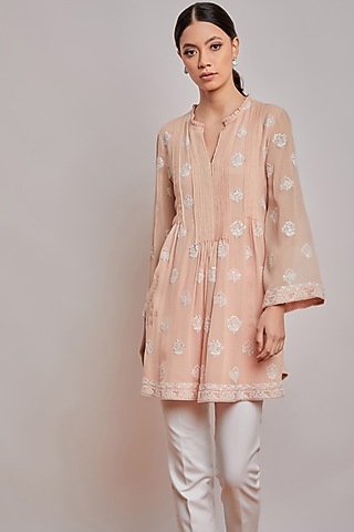 Peach Pleated Chikankari Tunic by Patine