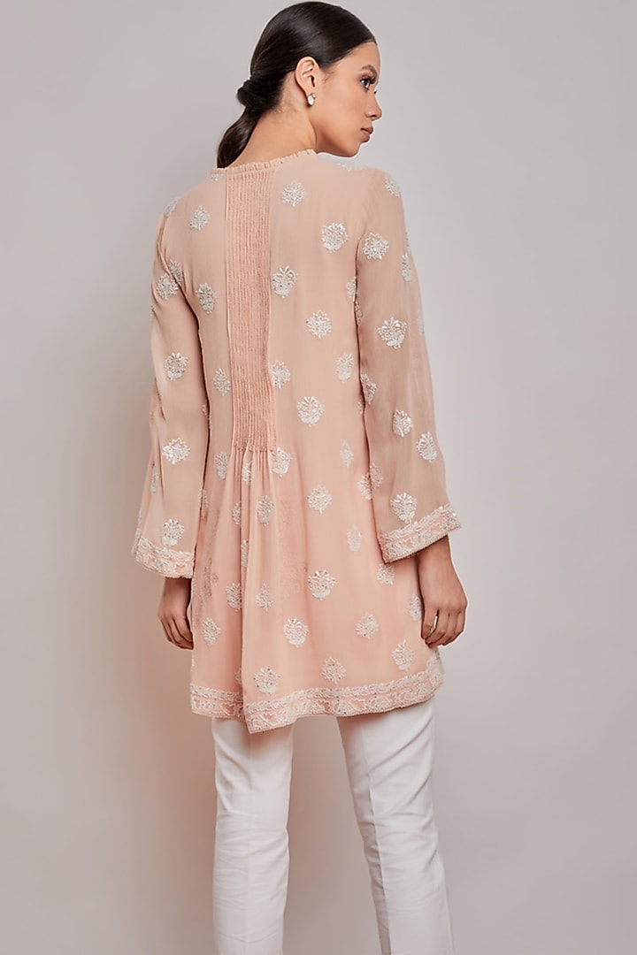 Peach Pleated Chikankari Tunic by Patine at Pernia's Pop Up Shop