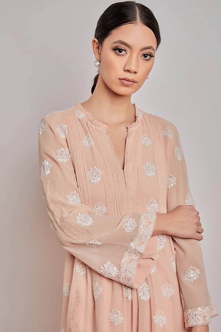 Peach Pleated Chikankari Tunic by Patine at Pernia's Pop Up Shop