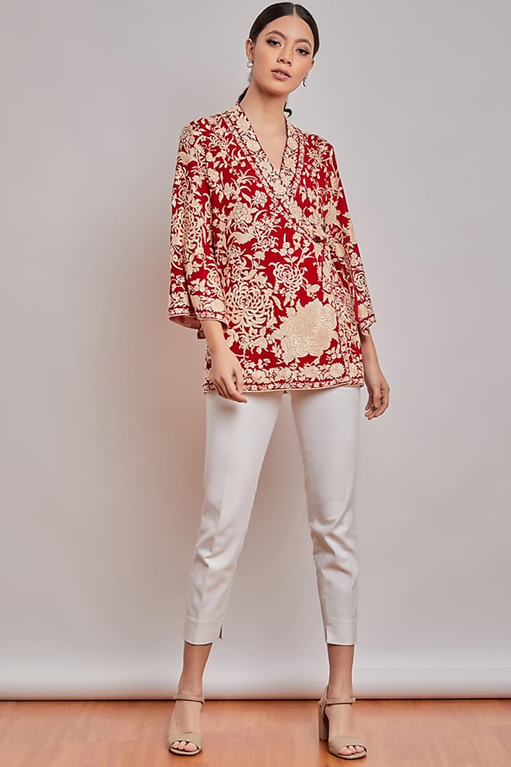 Red Embroidered Wrap Top by Patine