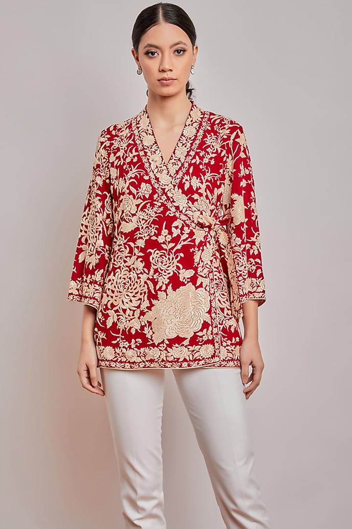 Red Embroidered Wrap Top by Patine at Pernia's Pop Up Shop