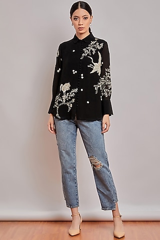 Black Hand Embroidered Shirt by Patine
