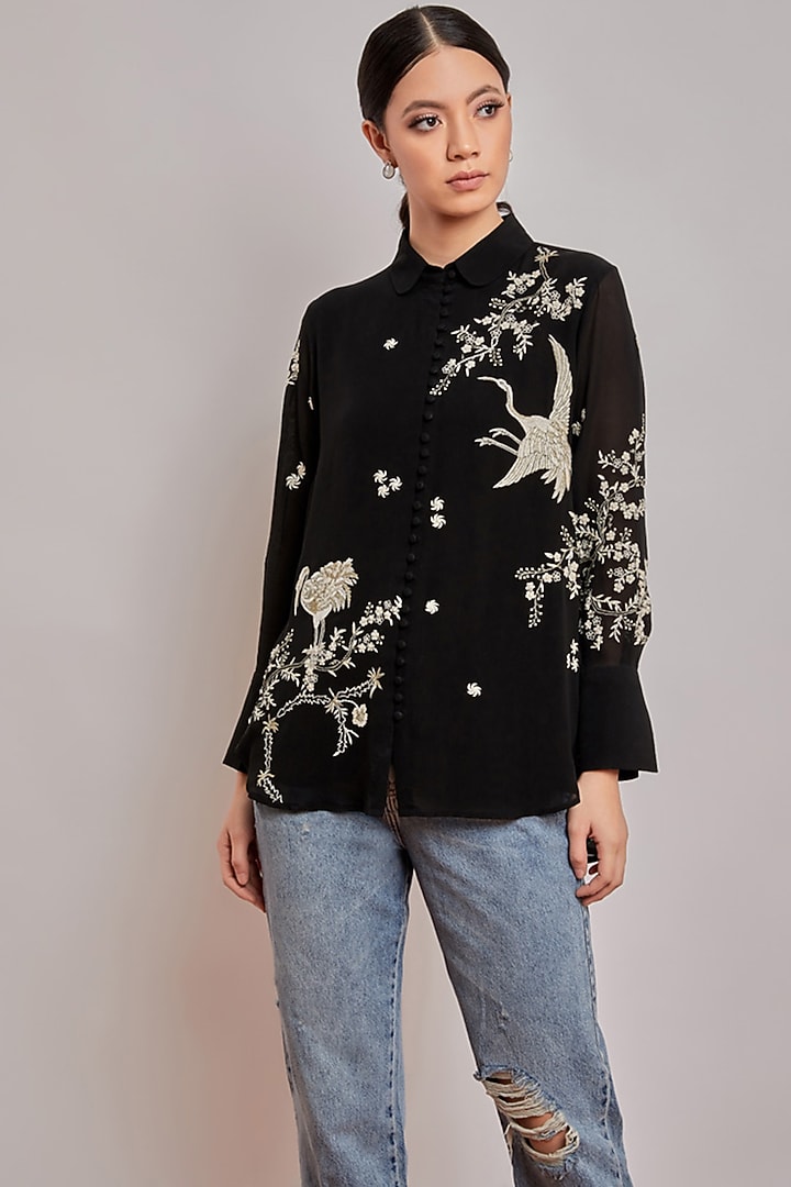 Black Hand Embroidered Shirt by Patine at Pernia's Pop Up Shop