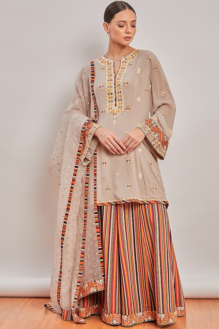 Grey Embroidered & Printed Sharara Set by Patine