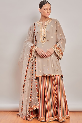 Grey Embroidered & Printed Sharara Set by Patine