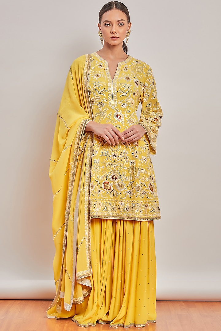 Yellow Embroidered Sharara Set by Patine