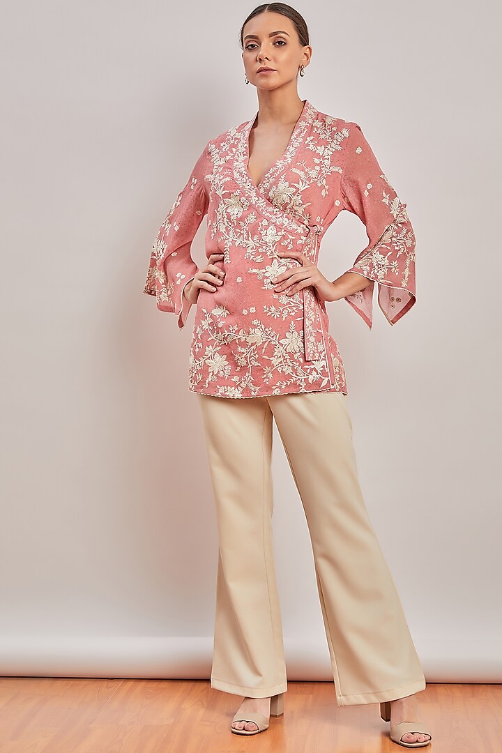 Blush Pink Printed & Embroidered Shirt by Patine