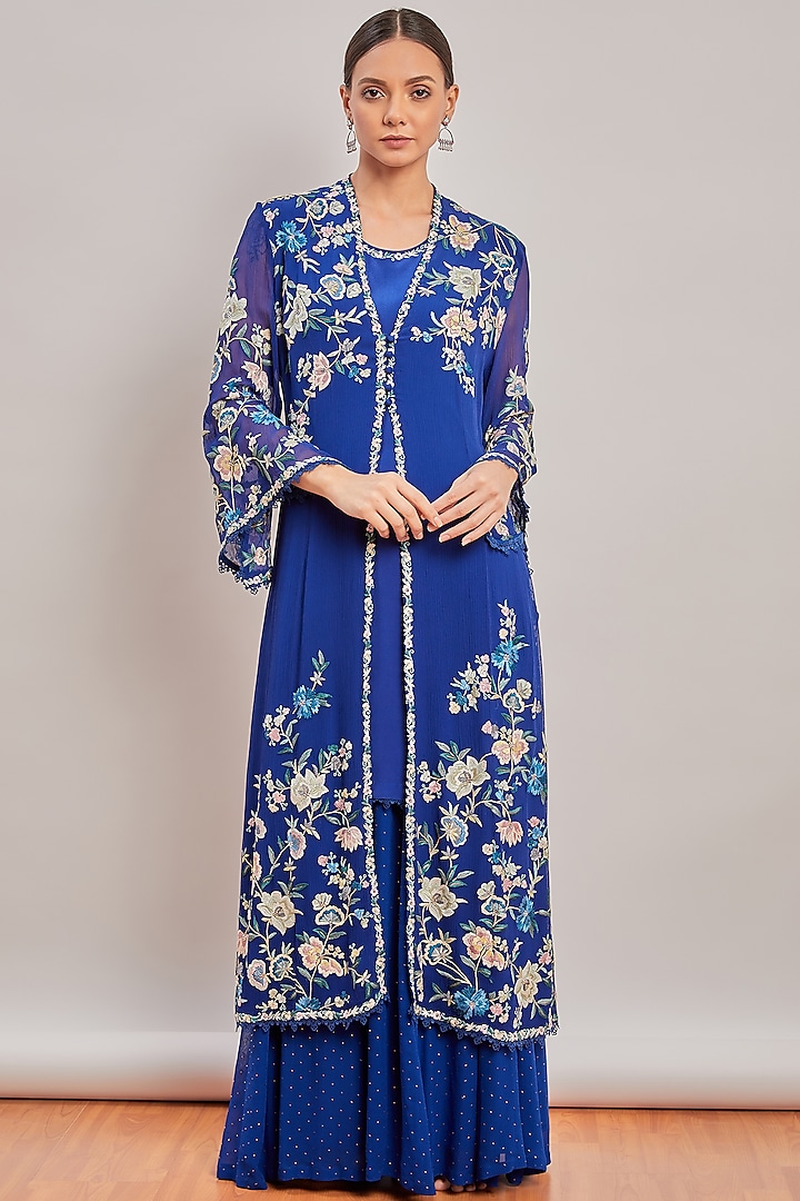 Cobalt Blue Embroidered Sharara Set by Patine