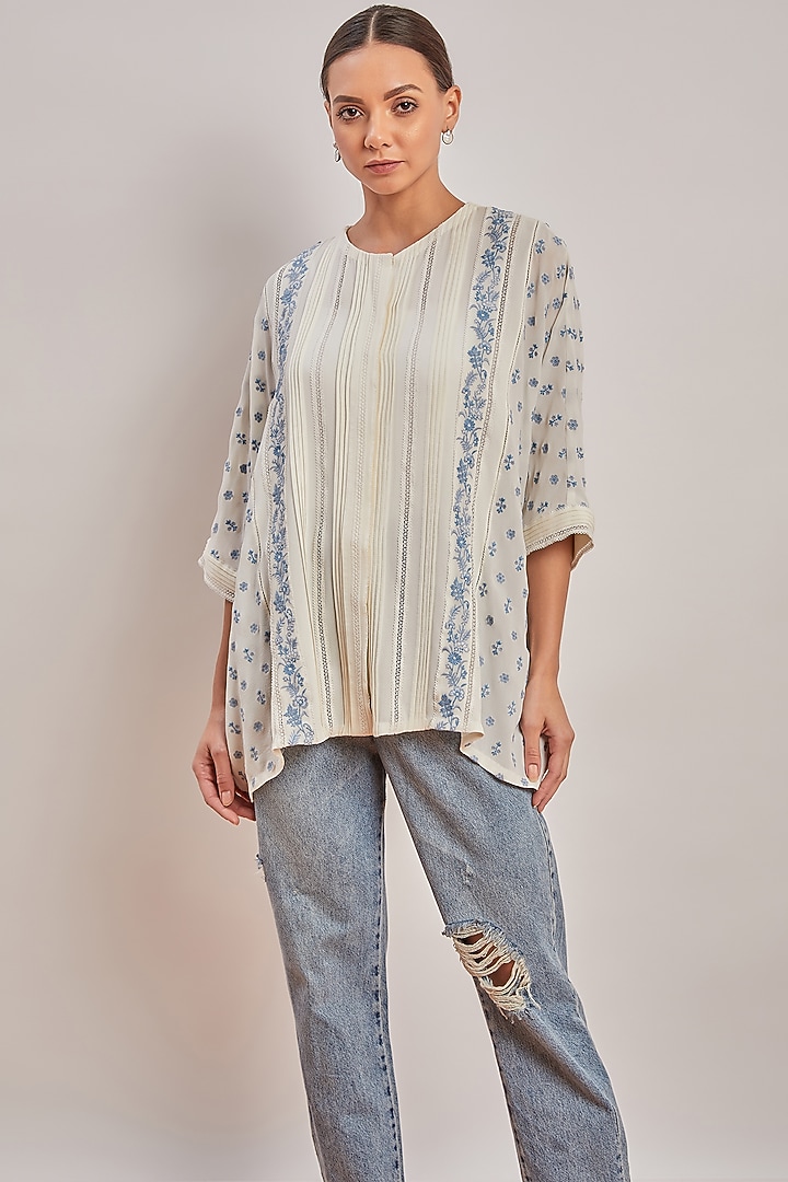 Off White & Blue Chikankari Top by Patine at Pernia's Pop Up Shop