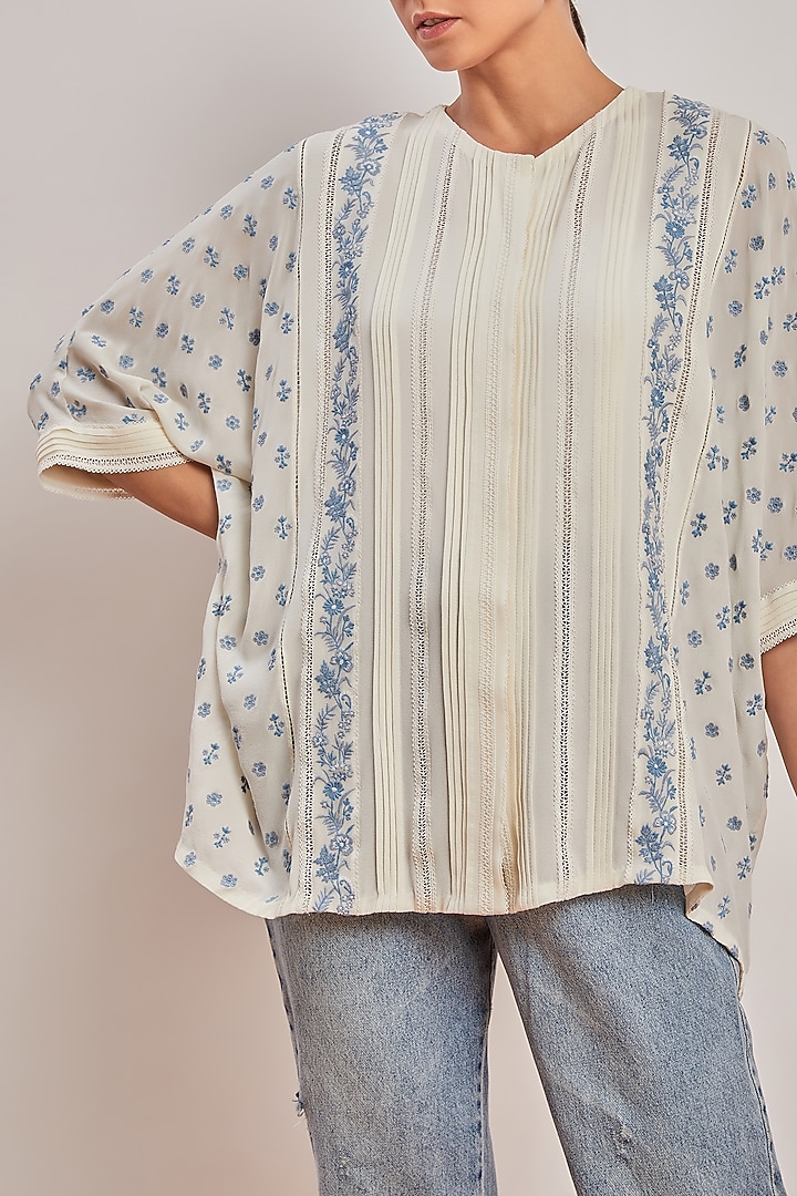 Off White & Blue Chikankari Top by Patine at Pernia's Pop Up Shop