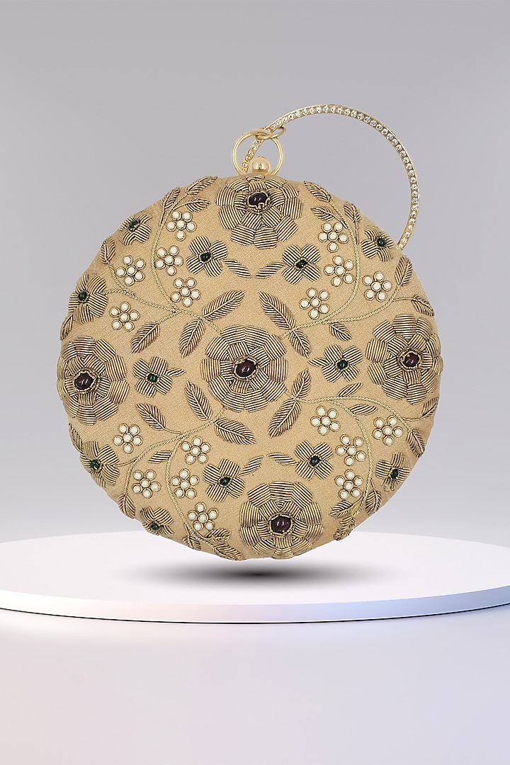 Beige Silk Emerald Stone & Resham Embroidered Handcrafted Clutch by PAAVNII