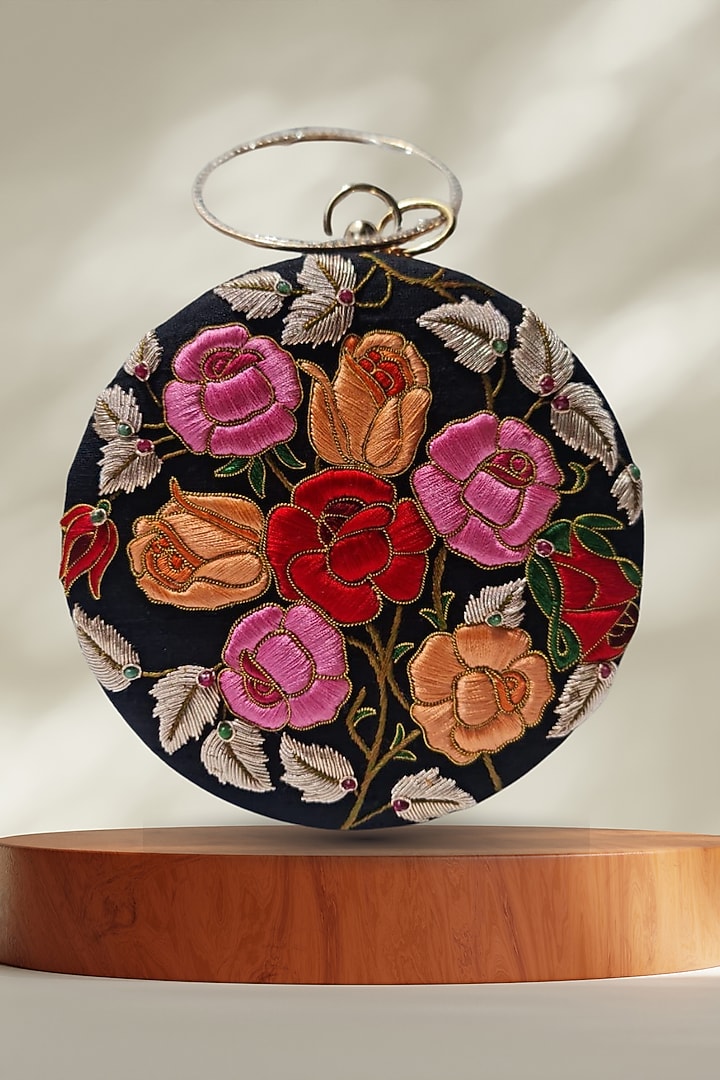 Black Velvet Rubies & Resham Embroidered Handcrafted Clutch by PAAVNII at Pernia's Pop Up Shop