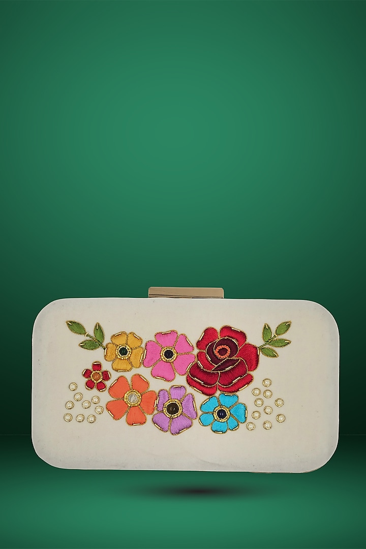 White Velvet Pearl & Zari Embroidered Handcrafted Clutch by PAAVNII