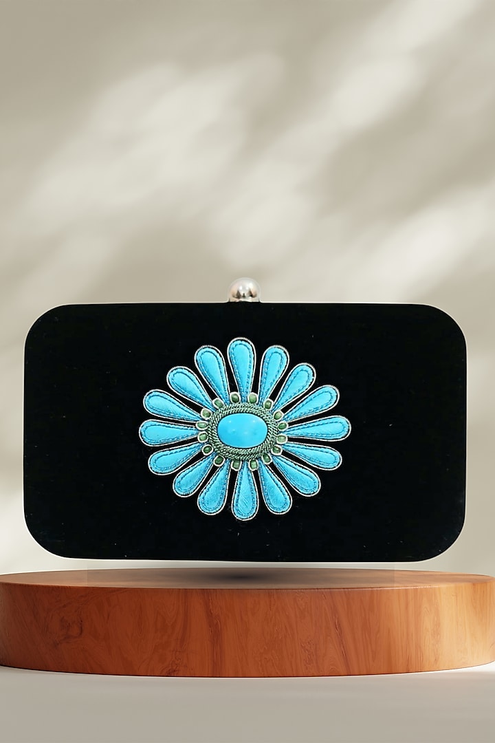 Black Velvet Turquoise Stone Handcrafted Clutch by PAAVNII