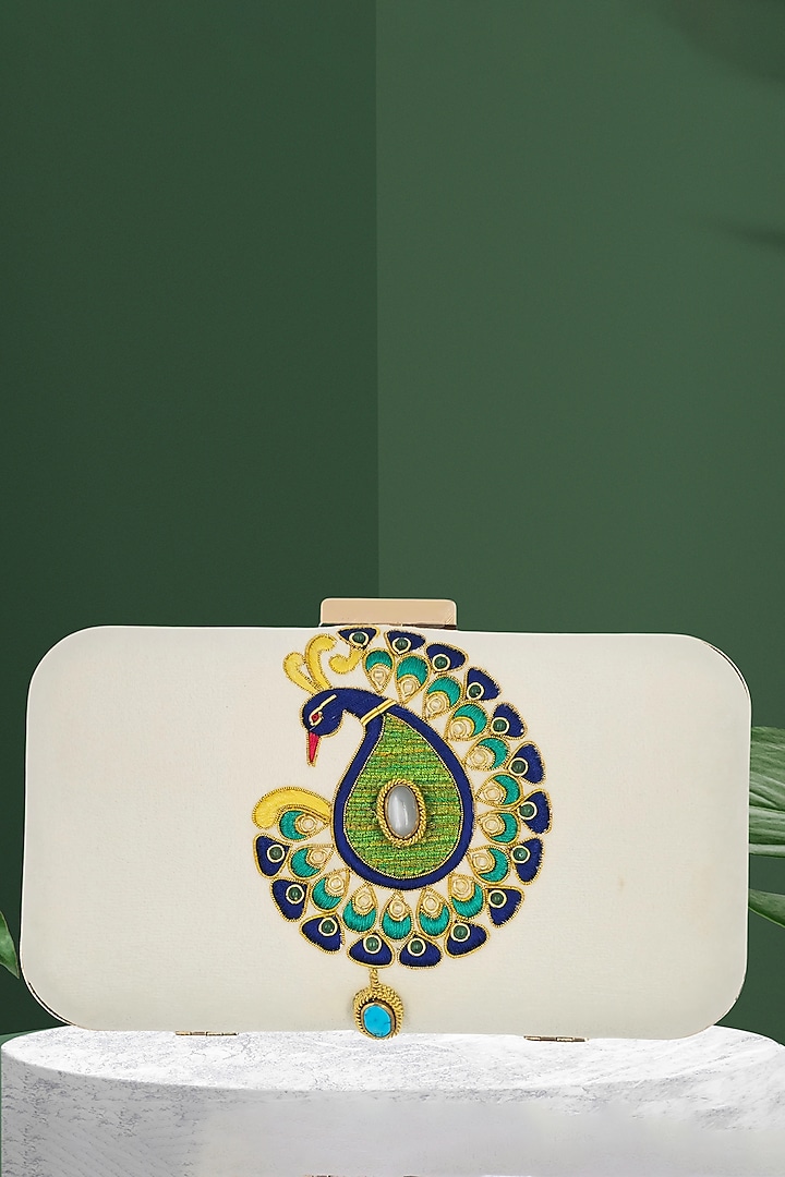 White Velvet Turquoise Moonstone & Resham Embroidered Handcrafted Clutch by PAAVNII