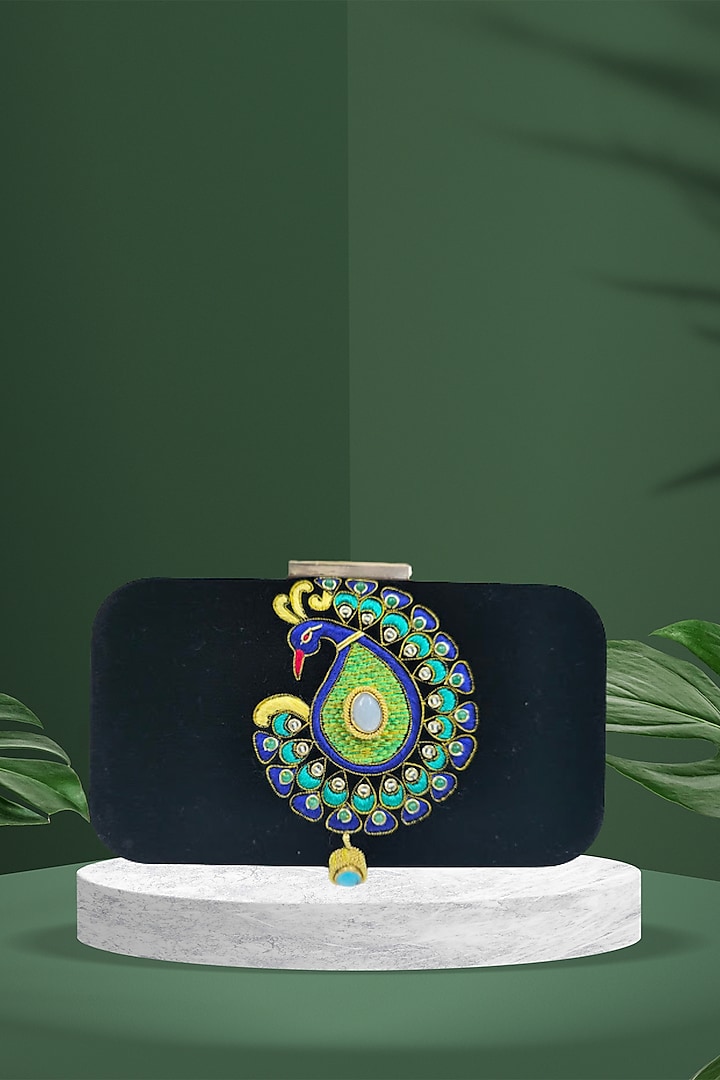 Black Silk Turquoise Moonstone & Resham Embroidered Handcrafted Clutch by PAAVNII