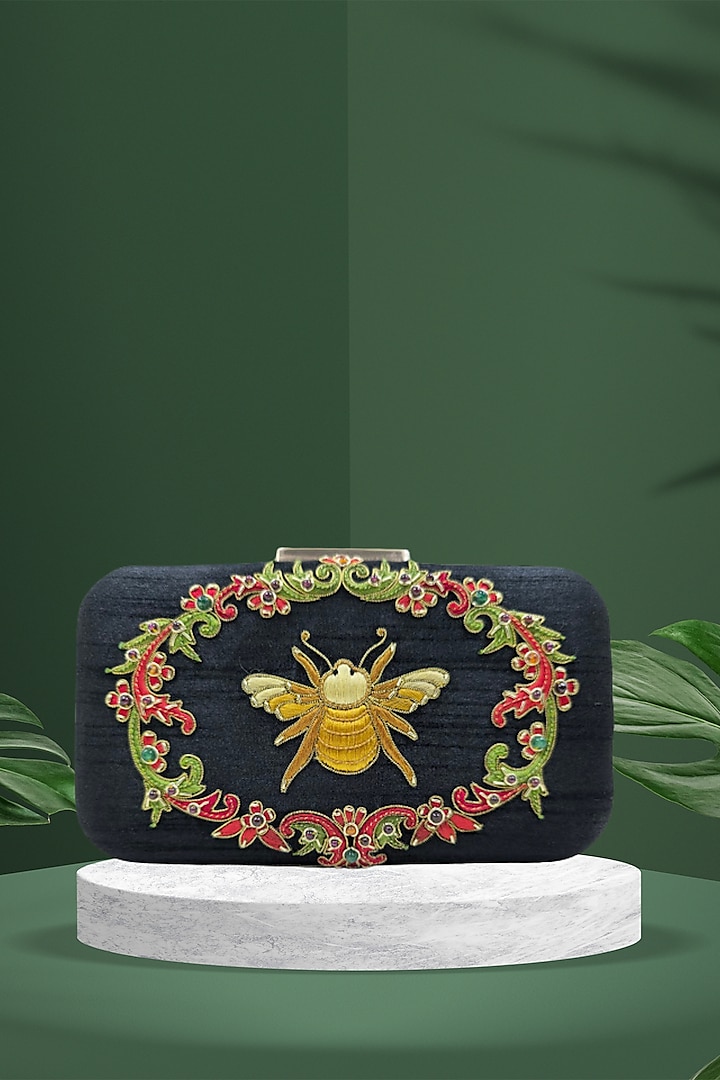 Black Silk Emerald Bead & Resham Embroidered Handcrafted Clutch by PAAVNII