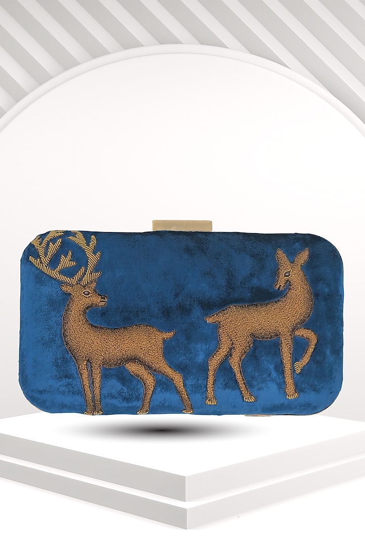 Blue Velvet Zari Embroidered Handcrafted Clutch by PAAVNII