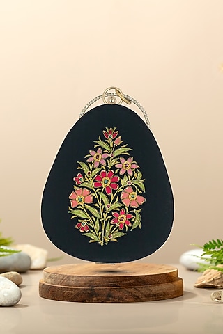 Black Velvet Ruby & Zari Embroidered Handcrafted Clutch by PAAVNII
