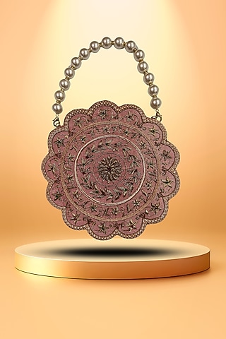 Pink Fabric Fine Metallic Embroidered Handcrafted Clutch by PAAVNII