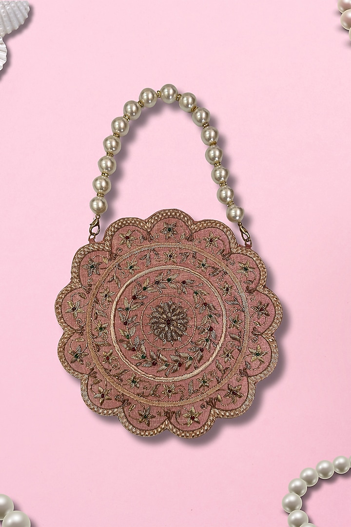Pink Fabric Fine Metallic Embroidered Handcrafted Clutch by PAAVNII at Pernia's Pop Up Shop