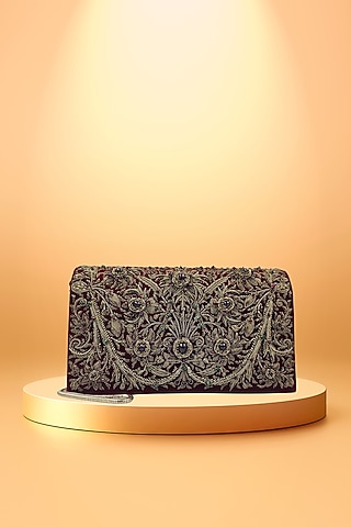 Red Velvet Fine Metallic Embroidered Handcrafted Clutch by PAAVNII
