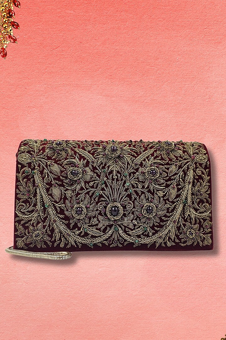 Red Velvet Fine Metallic Embroidered Handcrafted Clutch by PAAVNII at Pernia's Pop Up Shop