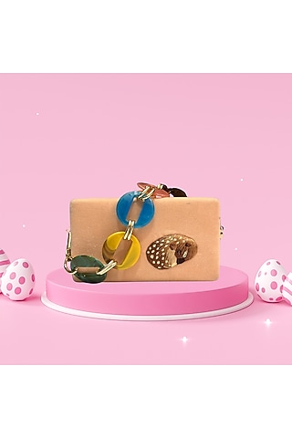 Beige Velvet Deer Resham Embroidered Mini Clutch by PAAVNII