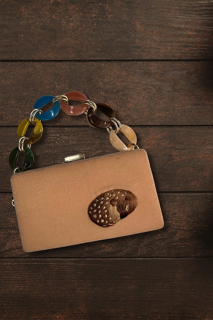 Beige Velvet Deer Resham Embroidered Mini Clutch by PAAVNII at Pernia's Pop Up Shop