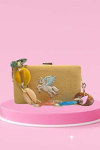 Beige Velvet Unicorn Resham Embroidered Mini Clutch by PAAVNII
