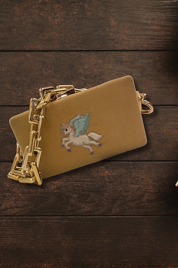 Beige Velvet Unicorn Resham Embroidered Mini Clutch by PAAVNII at Pernia's Pop Up Shop
