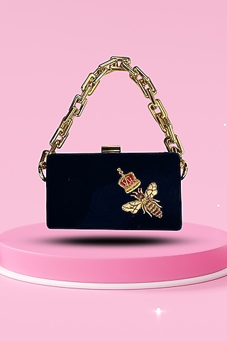 Black Velvet Bee Resham Embroidered Mini Clutch by PAAVNII