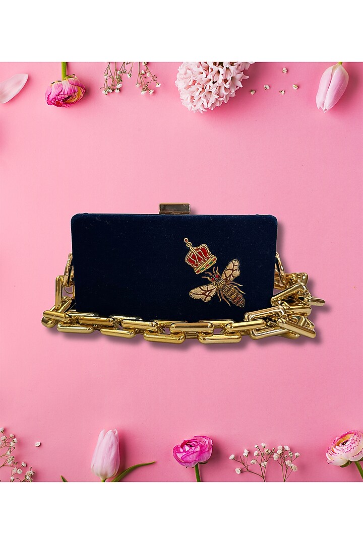 Black Velvet Bee Resham Embroidered Mini Clutch by PAAVNII at Pernia's Pop Up Shop