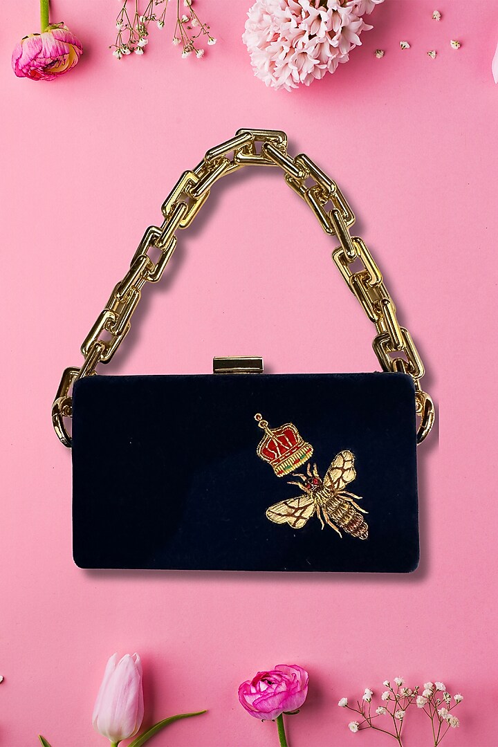 Black Velvet Bee Resham Embroidered Mini Clutch by PAAVNII at Pernia's Pop Up Shop
