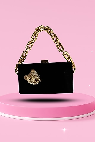 Black Velvet Lion Resham Embroidered Mini Clutch by PAAVNII