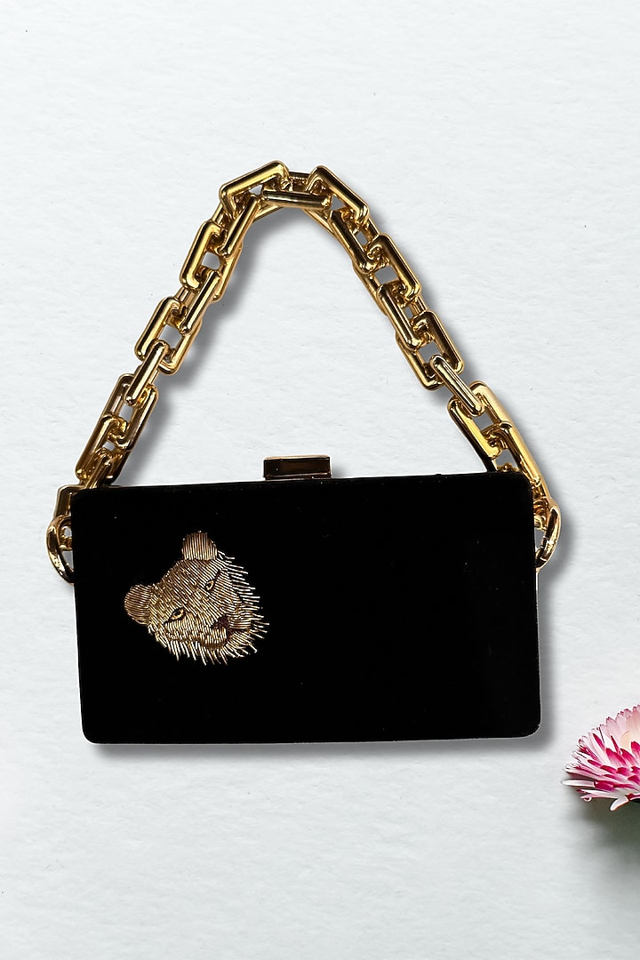 Black Velvet Lion Resham Embroidered Mini Clutch by PAAVNII at Pernia's Pop Up Shop