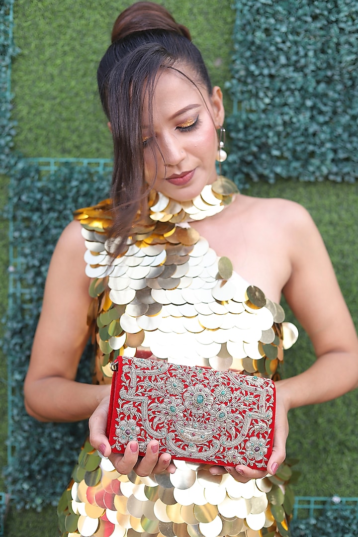 Red Velvet 3D Embroidered Handcrafted Clutch by PAAVNII at Pernia's Pop Up Shop