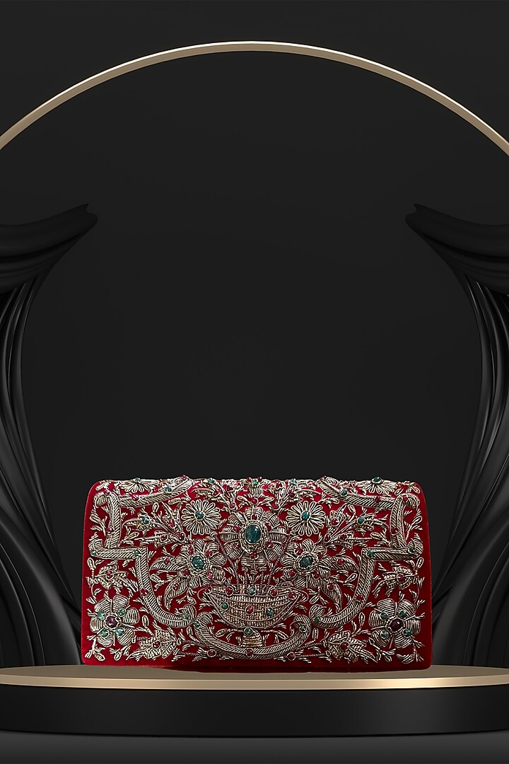 Red Velvet 3D Embroidered Handcrafted Clutch by PAAVNII at Pernia's Pop Up Shop