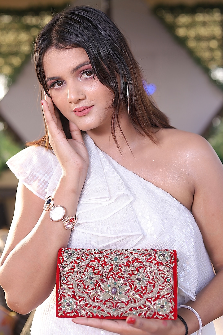 Red Velvet 3D Embroidered Handcrafted Clutch by PAAVNII at Pernia's Pop Up Shop