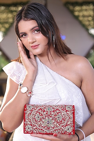 Red Velvet 3D Embroidered Handcrafted Clutch by PAAVNII