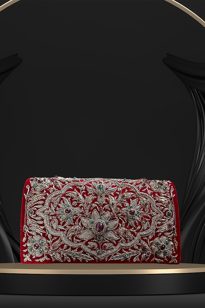 Red Velvet 3D Embroidered Handcrafted Clutch by PAAVNII at Pernia's Pop Up Shop