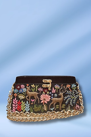 Black Silk 3D Hand Embroidered Clutch by PAAVNII