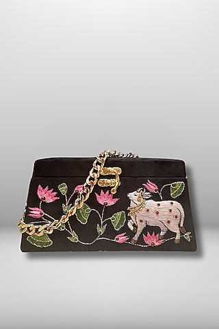 Black Silk 3D Hand Embroidered Clutch by PAAVNII